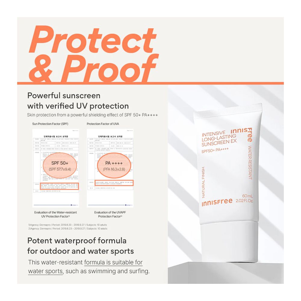 Innisfree Intensive Long-Lasting Sunscreen Ex, Vegan, Water Resistant, SPF50+ PA+++ 60ml - Image 3