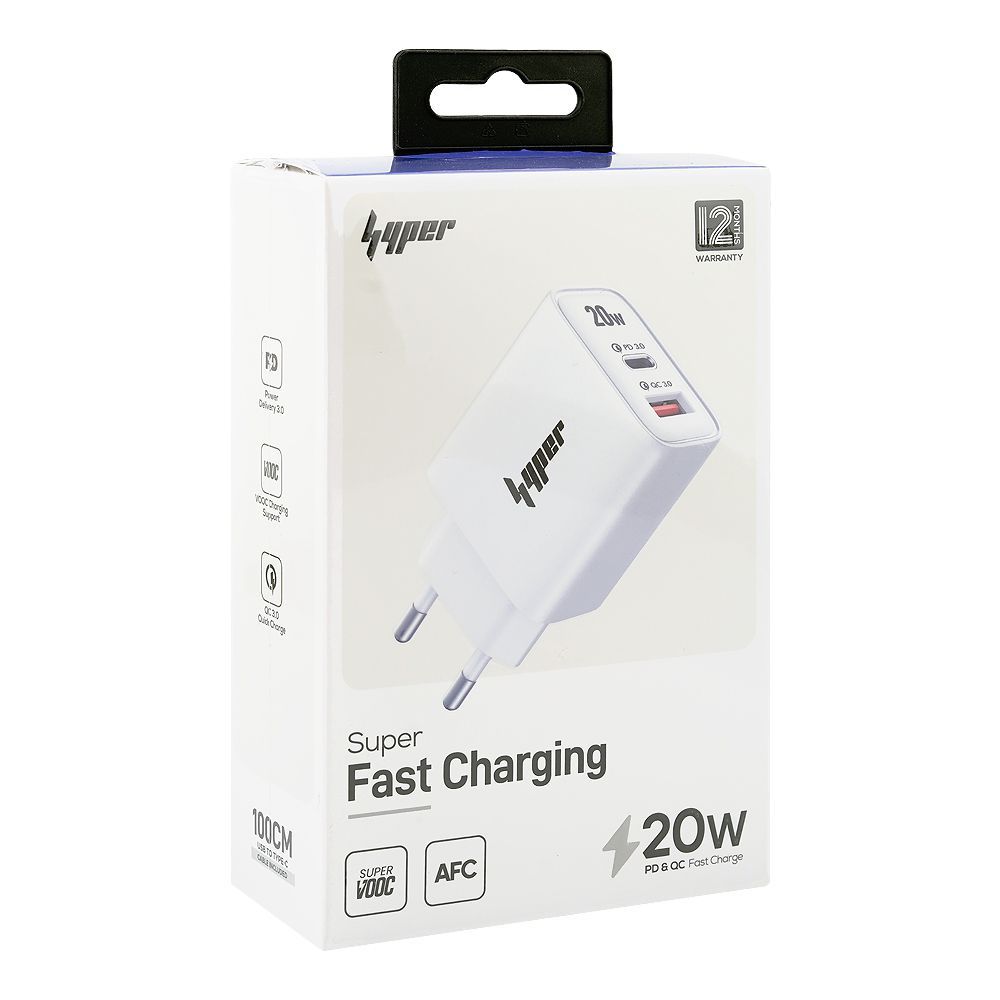 Yolo Hyper 20W PD& QC Super-Fast Charger, 1 X USB-A & 1 X USB-C Port, With Cable, White, Y-201 - Image 2