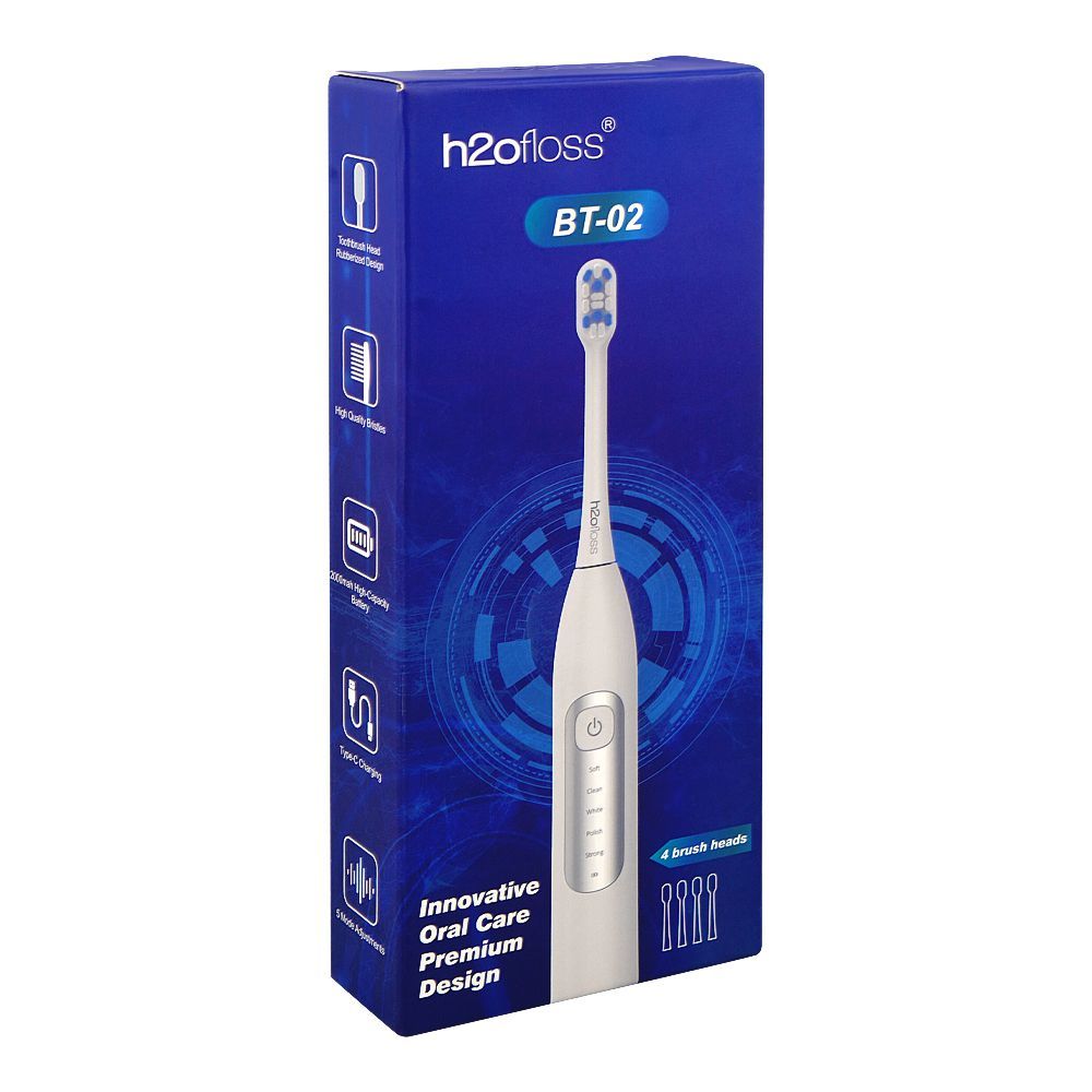 H2O Floss Electric Toothbrush With 4 Brush Head, IPX7 Waterproof, 200mAh Battery, White, BT-02 - Main Image
