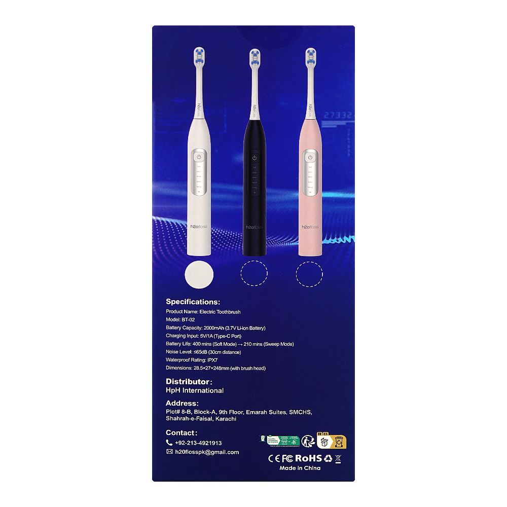 H2O Floss Electric Toothbrush With 4 Brush Head, IPX7 Waterproof, 200mAh Battery, White, BT-02 - Image 2