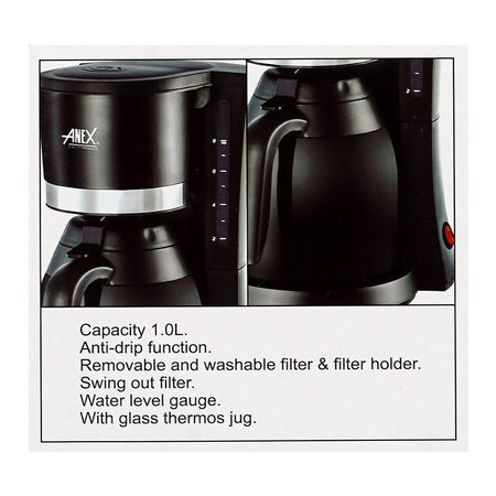 Anex Deluxe Coffee Maker, 800W, 220-240V, 1.1 Liter Capacity, Black, AG-803 - Image 6