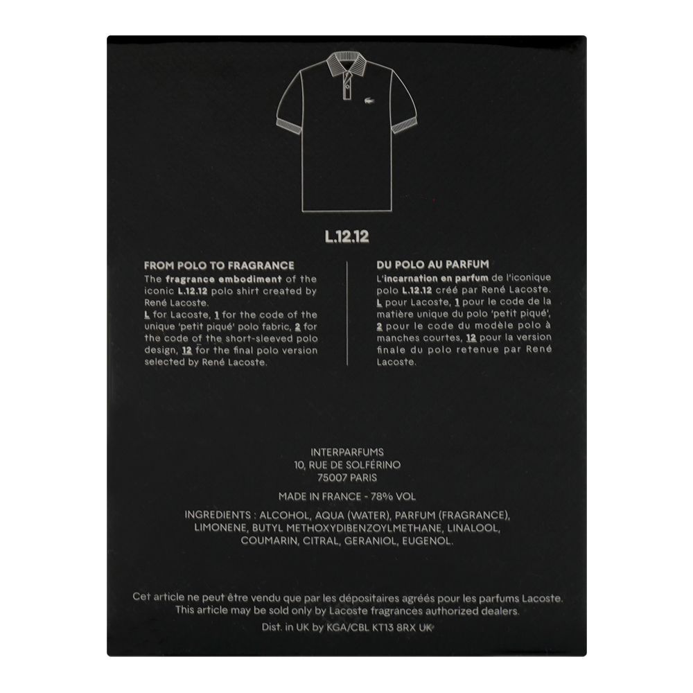 Lacoste L.12.12 Noir, Eau De Toilette, For Men, 100ml - Image 3