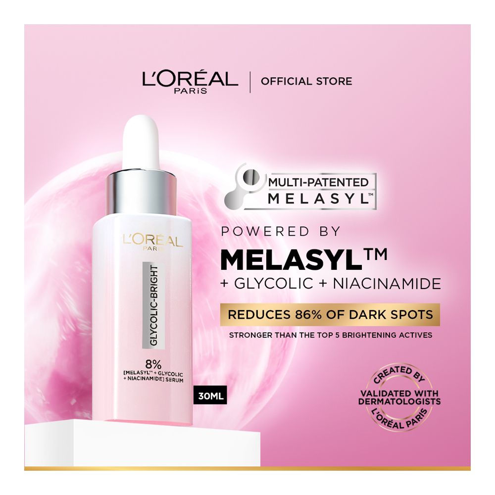 L'Oreal Paris Glycolic-Bright 8% Melasyl Anti-Dark Spot Brightening Serum, Glycolic + Niacinamide, For Sensitive Skin, 30ml - Main Image
