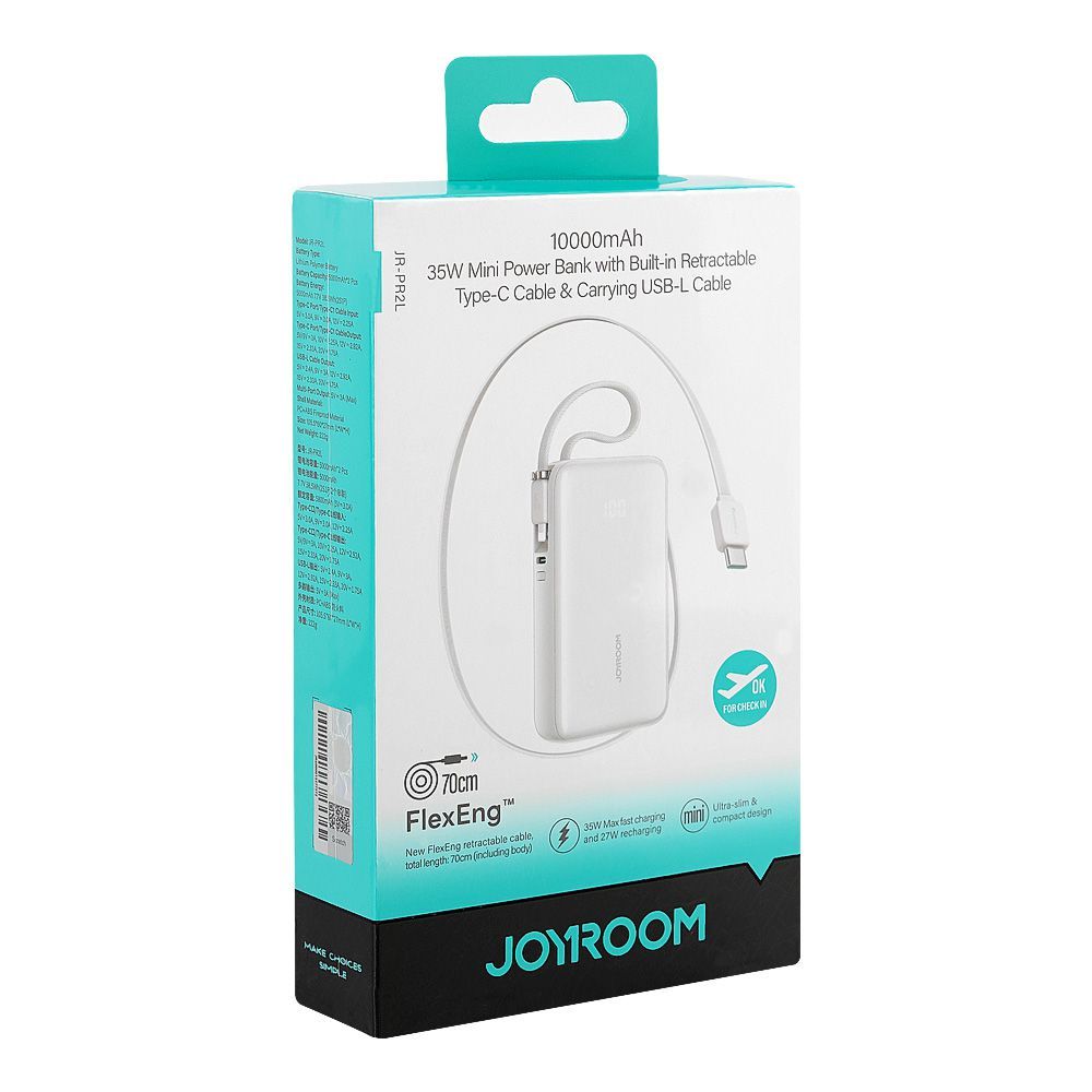 Joyroom 35W 10000mAh Mini Power Bank, With Built-in Retractable Type-C & USB-L Cable, White, JR-PR2L - Image 2