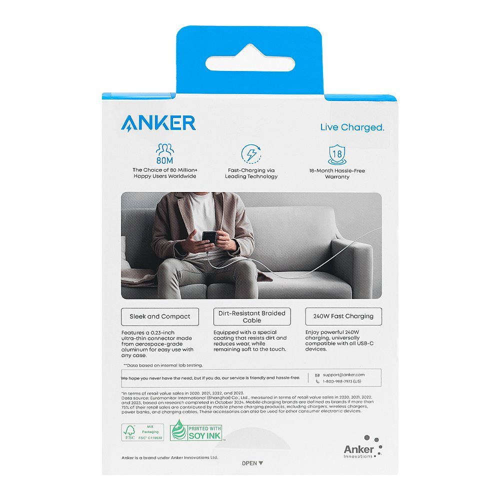 Anker Zolo 240W USB-C To USB-C Cable, 6ft, Braided White, A8060H22 - Image 3