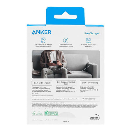 Anker Zolo 240W USB-C To USB-C Cable, 6ft, Braided White, A8060H22 - Image 3