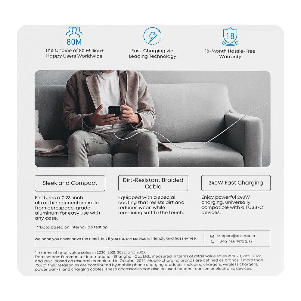 Anker Zolo 240W USB-C To USB-C Cable, 6ft, Braided White, A8060H22 - Image 4