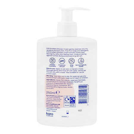 E45 Emollient Shower Cream, Soap & Perfume Free, For Dry & Sensitive Skin, 250ml - Image 2