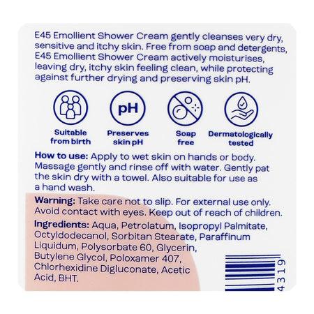 E45 Emollient Shower Cream, Soap & Perfume Free, For Dry & Sensitive Skin, 250ml - Image 3