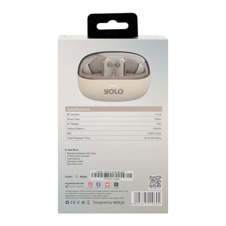 YOLO Yopod Vibe True Wireless Earbuds, 30 Hours Play Time, Beige - Image 3