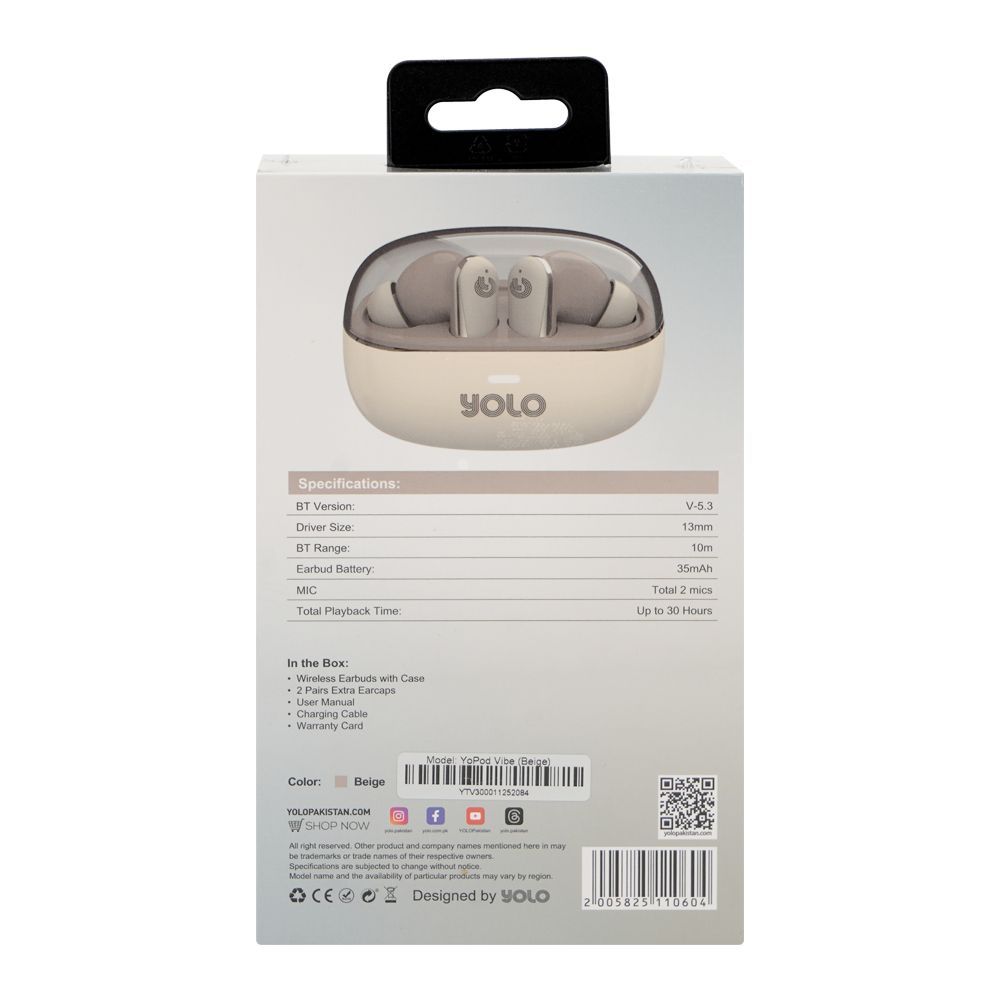 YOLO Yopod Vibe True Wireless Earbuds, 30 Hours Play Time, Beige - Image 3