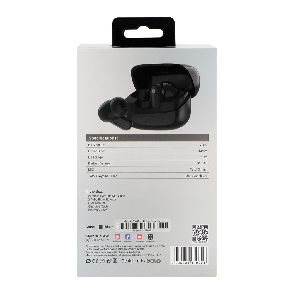 YOLO Yopod Echo True Wireless Earbuds, 30 Hours Play Time, Black - Image 3