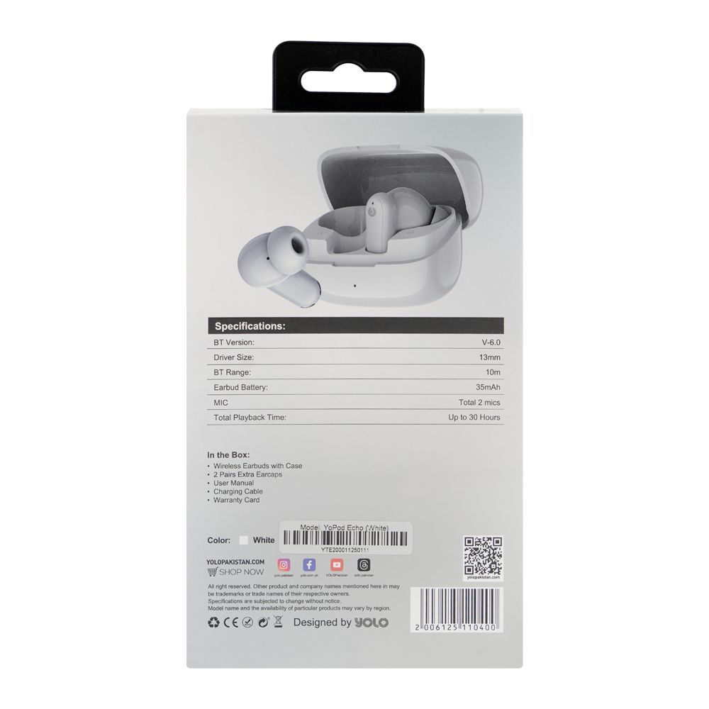 YOLO Yopod Echo True Wireless Earbuds, 30 Hours Play Time, White - Image 3