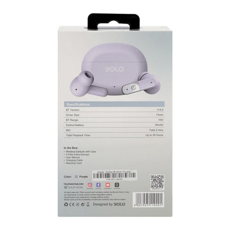 YOLO Yopod Rhythm True Wireless Earbuds, 30 Hours Play Time, Purple - Image 3