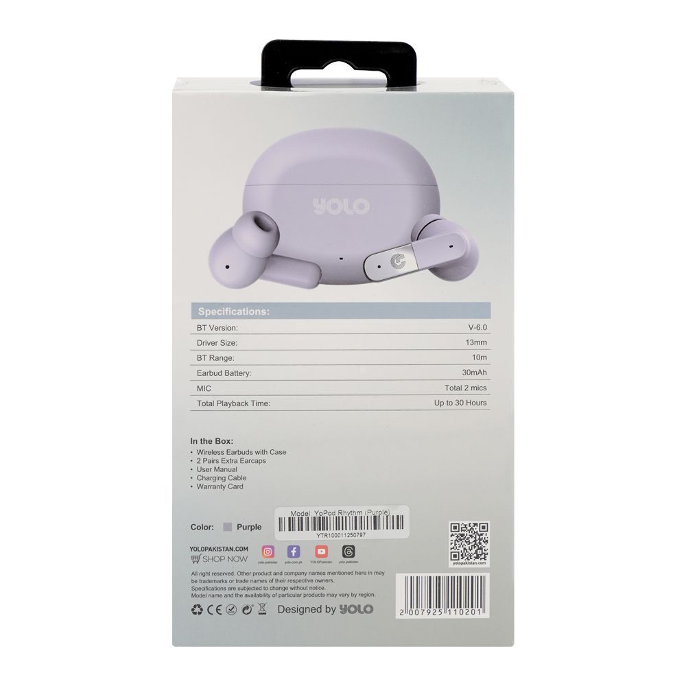 YOLO Yopod Rhythm True Wireless Earbuds, 30 Hours Play Time, Purple - Image 3