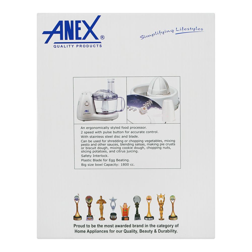 Anex Deluxe Food Processor, 450W, 220V-240V, 1800ml Bowl, Black, AG-1041 - Image 4