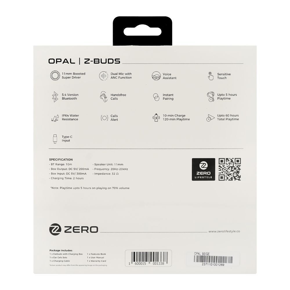 Zero Opal ANC Z Wireless Earbuds, 5 Hours Run Time, IPX4 Water Resistant, Beige - Image 4