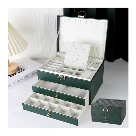 AJF Leather Jewellery Organizer with Locker 4 Layers Hanging Holder Jewelry Box, Green - Image 2