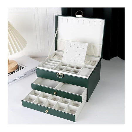 AJF Leather Jewellery Organizer with Locker 4 Layers Hanging Holder Jewelry Box, Green - Image 3