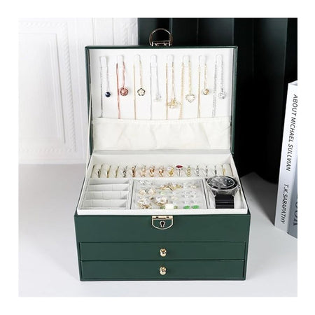 AJF Leather Jewellery Organizer with Locker 4 Layers Hanging Holder Jewelry Box, Green - Image 4