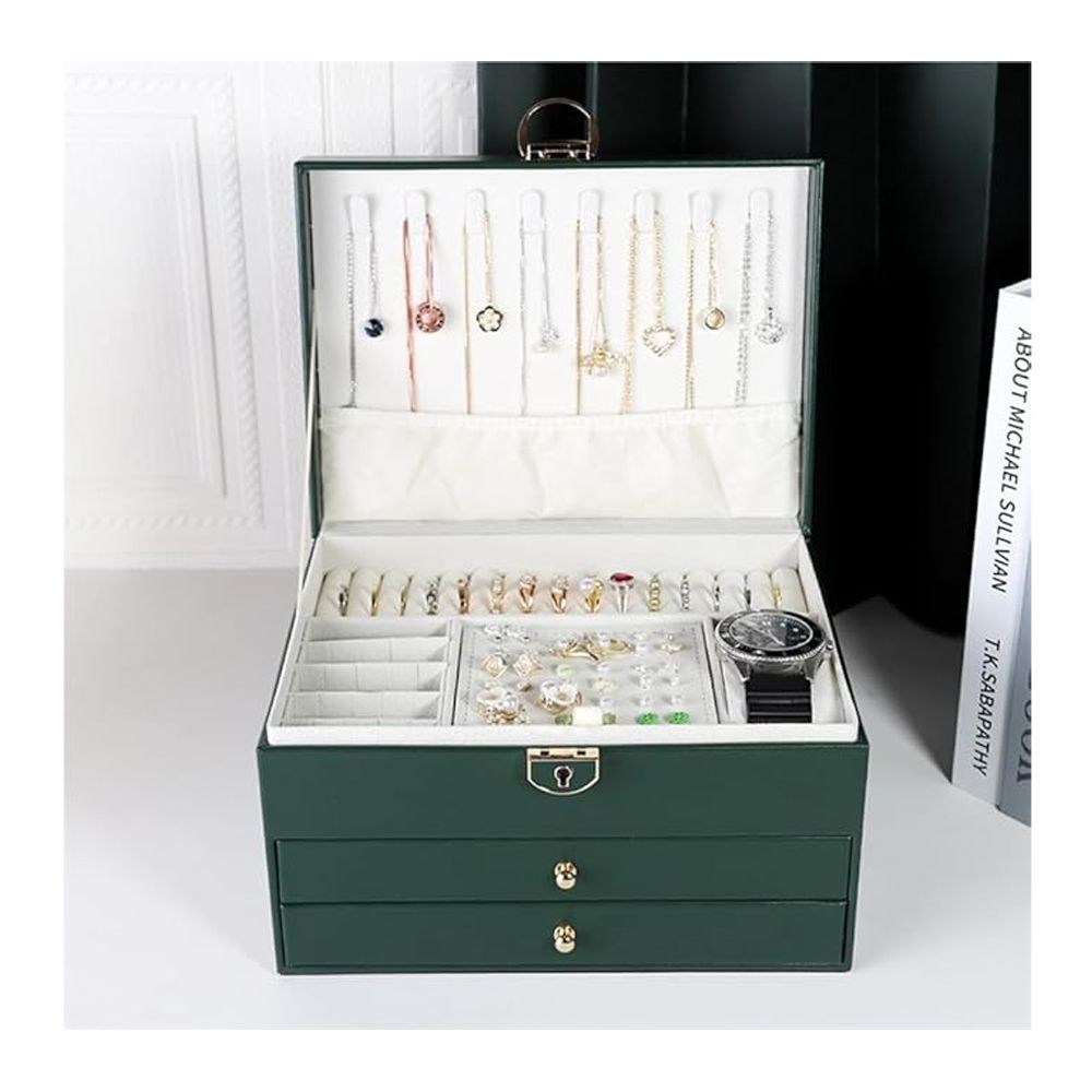 AJF Leather Jewellery Organizer with Locker 4 Layers Hanging Holder Jewelry Box, Green - Image 4