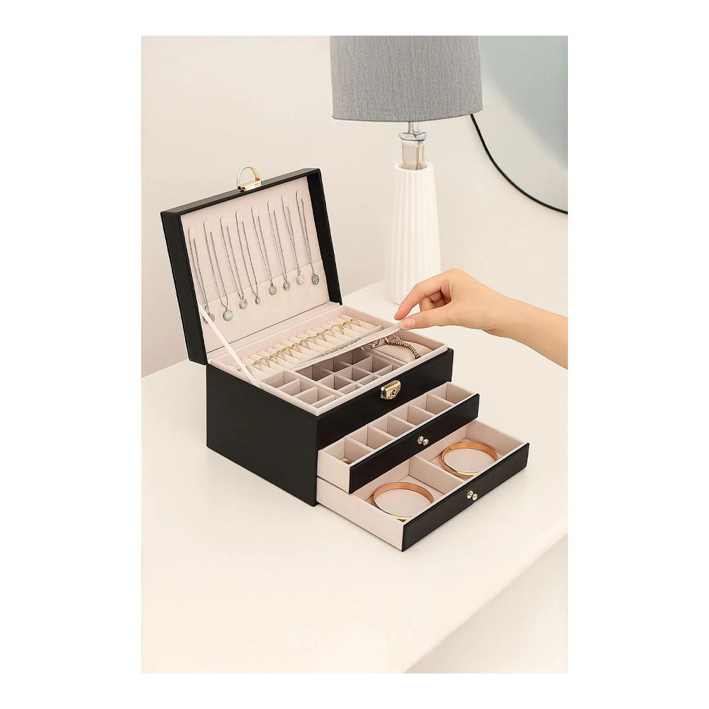 AJF Leather Jewellery Organizer with Locker 4 Layers Hanging Holder Jewelry Box, Black - Main Image