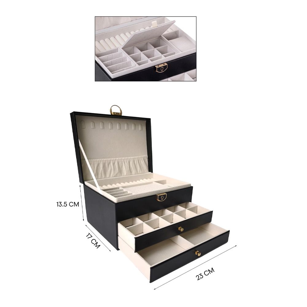 AJF Leather Jewellery Organizer with Locker 4 Layers Hanging Holder Jewelry Box, Black - Image 4