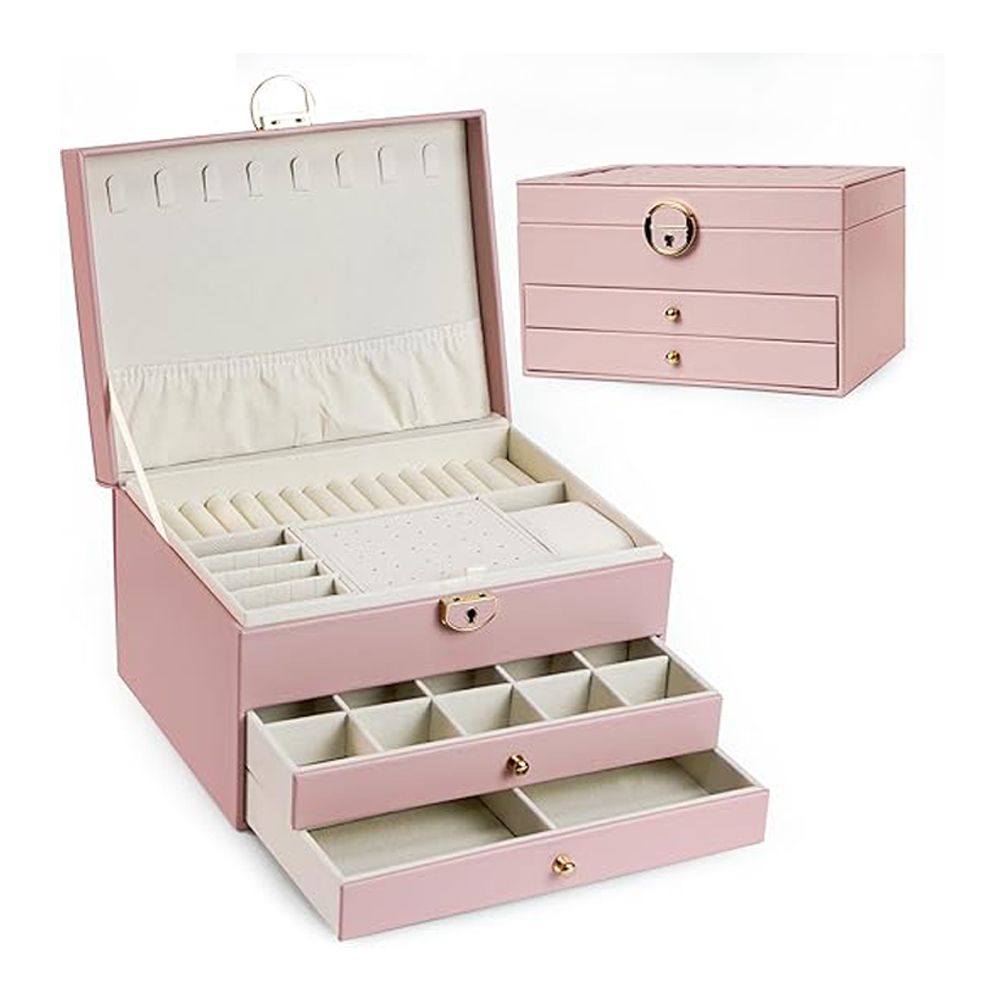 AJF Leather Jewellery Organizer with Locker 4 Layers Hanging Holder Jewelry Box, Pink - Main Image