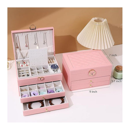 AJF Leather Jewellery Organizer with Locker 4 Layers Hanging Holder Jewelry Box, Pink - Image 5