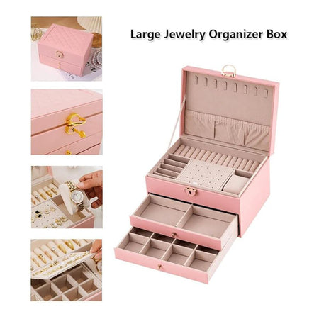 AJF Leather Jewellery Organizer with Locker 4 Layers Hanging Holder Jewelry Box, Pink - Image 6