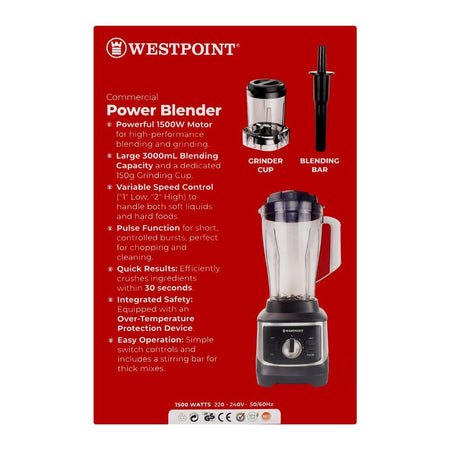 West Point Commercial Power Blender, 1500W, 220-240V, 3000ml + 150g, WF-448 - Image 3