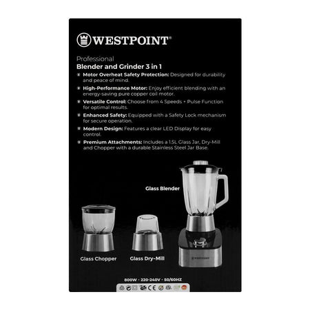 West Point Professional 3-In-1 Blender & Grinder, 800W, 220-240V, 1.5 Liter Glass Jar, WF-373 - Image 3