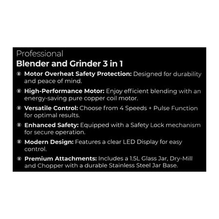 West Point Professional 3-In-1 Blender & Grinder, 800W, 220-240V, 1.5 Liter Glass Jar, WF-373 - Image 4