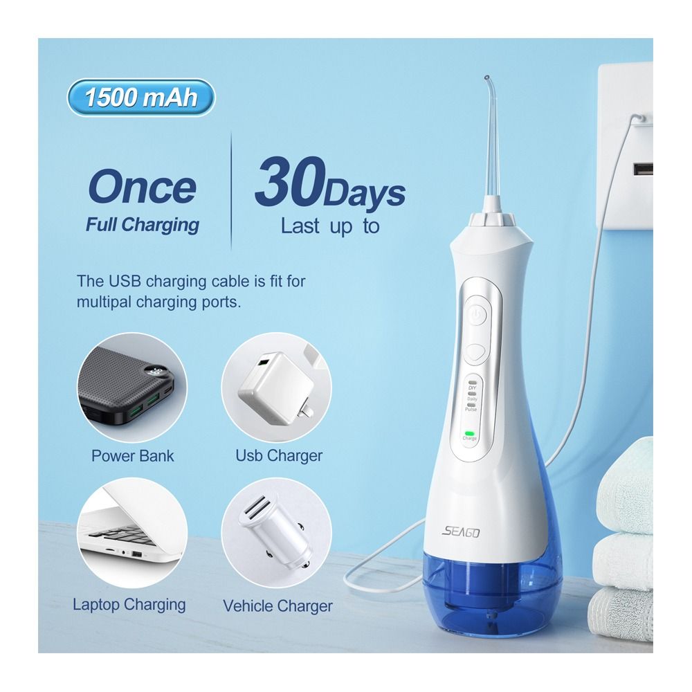 Seago Smart Water Rechargeable Dental Flosser/Irrigator Cordless USB, 3 Cleaning Modes, 5 Jet Tips, IPX7 Waterproof, Travel Bag, White, SG-833 - Image 9