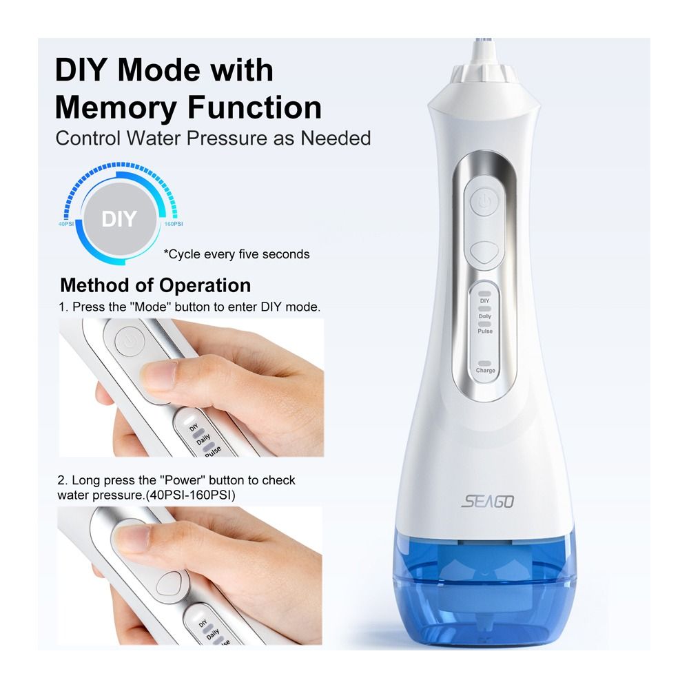 Seago Smart Water Rechargeable Dental Flosser/Irrigator Cordless USB, 3 Cleaning Modes, 5 Jet Tips, IPX7 Waterproof, Travel Bag, White, SG-833 - Image 4