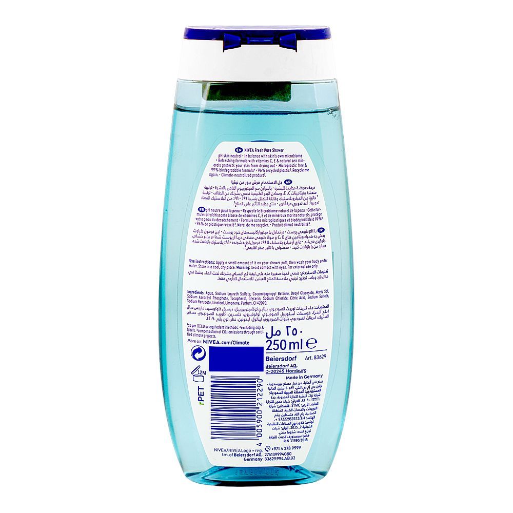 Nivea Fresh Pure Aquatic Scent Fresh Shower Gel, Vitamin C & E, 250ml - Image 2