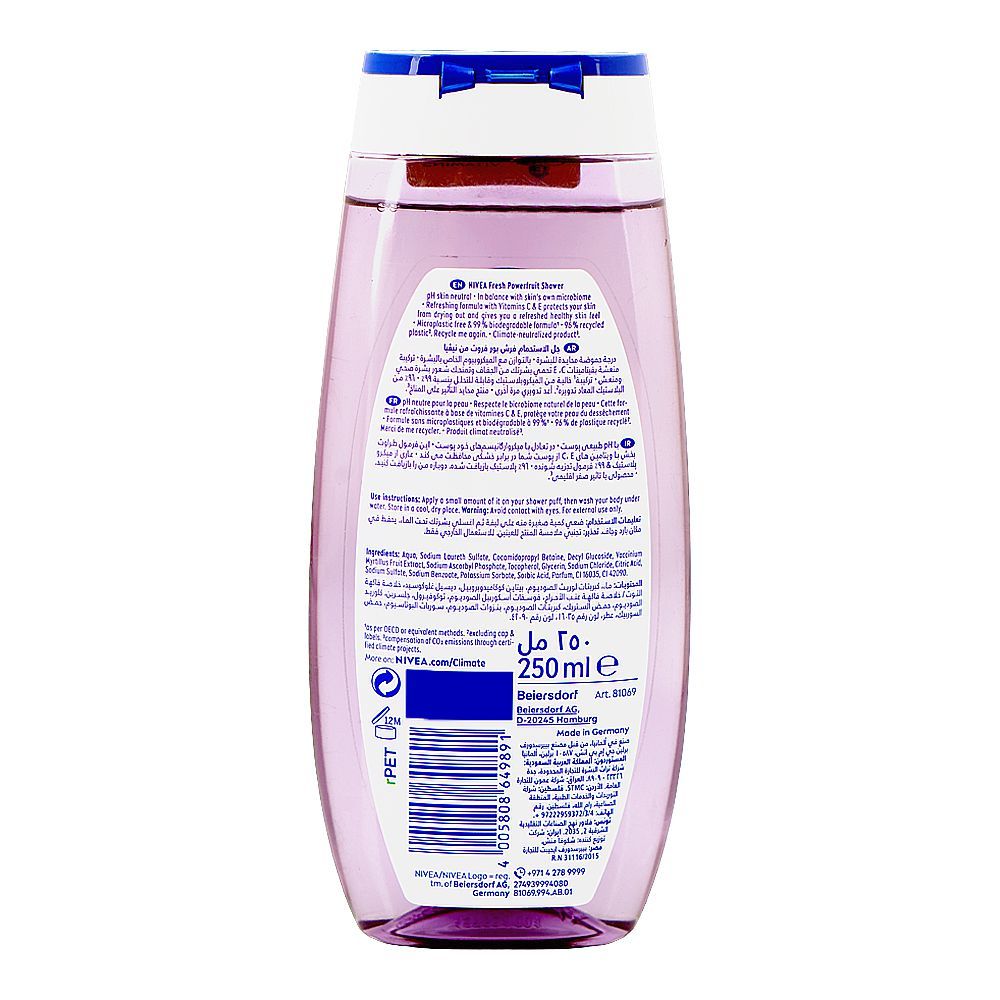 Nivea Fresh Powerfruit Wild Berry Scent Fresh Shower Gel, Vitamin C & E, 250ml - Image 2