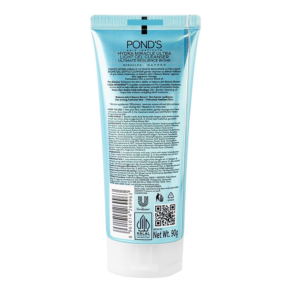 Pond's Hydra Miracle Ultra Light Biome Gel Cera-Hyamino Gentle Cleanser, Niacinamide, Citric Acid, 90g - Image 2