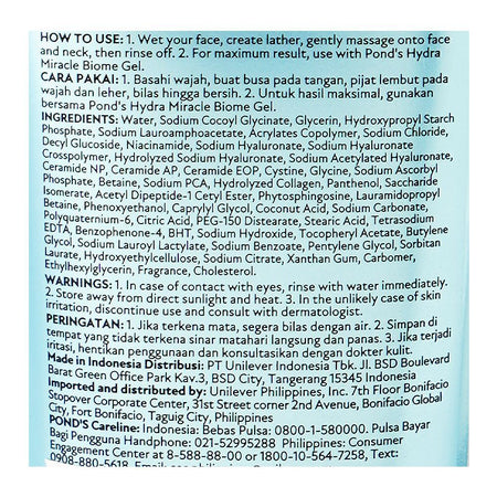 Pond's Hydra Miracle Ultra Light Biome Gel Cera-Hyamino Gentle Cleanser, Niacinamide, Citric Acid, 90g - Image 3