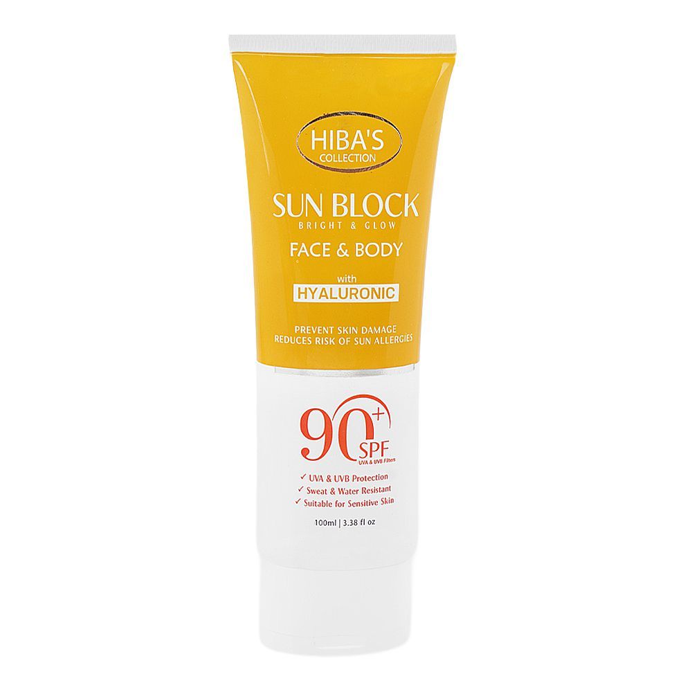 Hiba's Collection Bright & Glow Hyaluronic Face & Body Sun Block, SPF 90+ For Sensitive Skin, 100ml - Main Image
