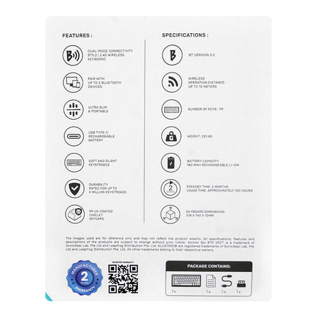 Alcatroz Xplorer Go! BTR-200 Dual Mode BT5.2+2.4G Wireless Keyboard, 180mAh Battery, Slate - Image 4