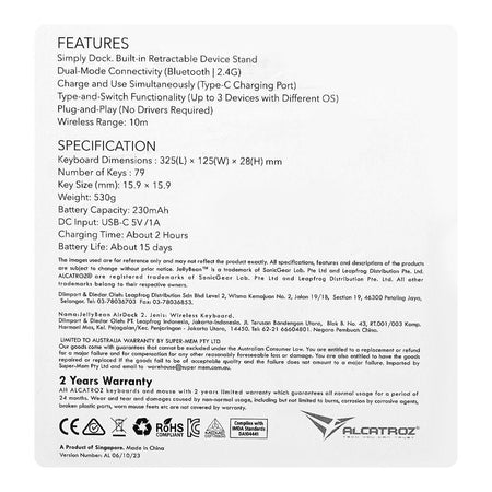 Alcatroz Air Dock 2 Jellybean Multi-Device Dual Mode BT5.3 + 2.4G Rechargeable Keyboard, 230mAh Battery, Autumn Black - Image 4