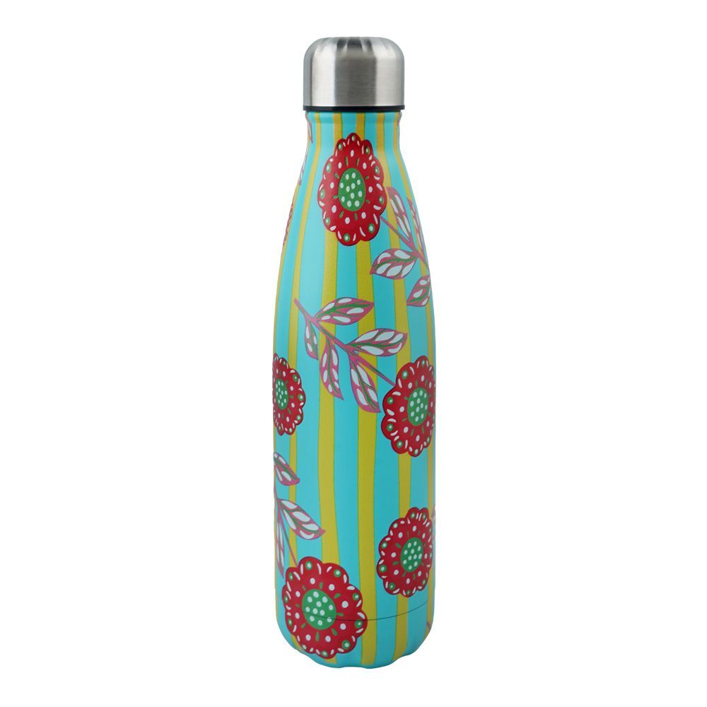 Warq Notes Flower Printed Stainless Steel Water Bottle, Blue, 600ml - Main Image