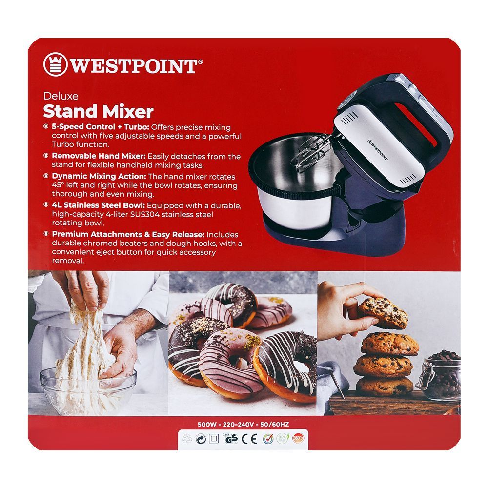 West Point Deluxe Stand Mixer, 500W, 220-240V, 4 Liters Steel Bowl, WF-9826 - Image 3