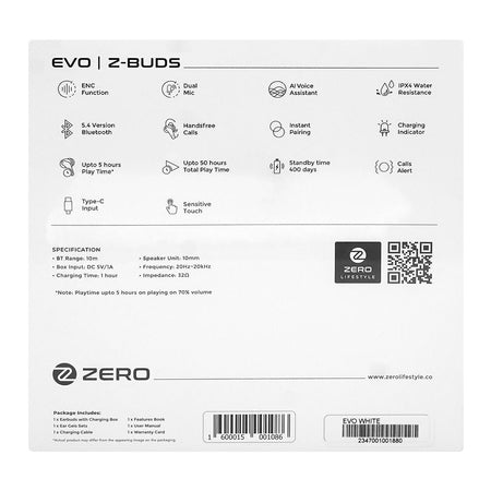 Zero Evo ENC Wireless Z Earbuds, IPX4 Water Resistant, Upto 50 Hours Playtime, Milky White - Image 6
