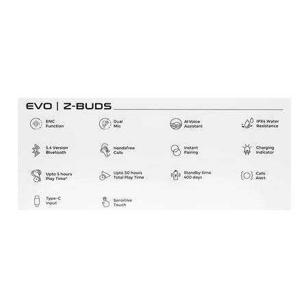 Zero Evo ENC Wireless Z Earbuds, IPX4 Water Resistant, Upto 50 Hours Playtime, Milky White - Image 7