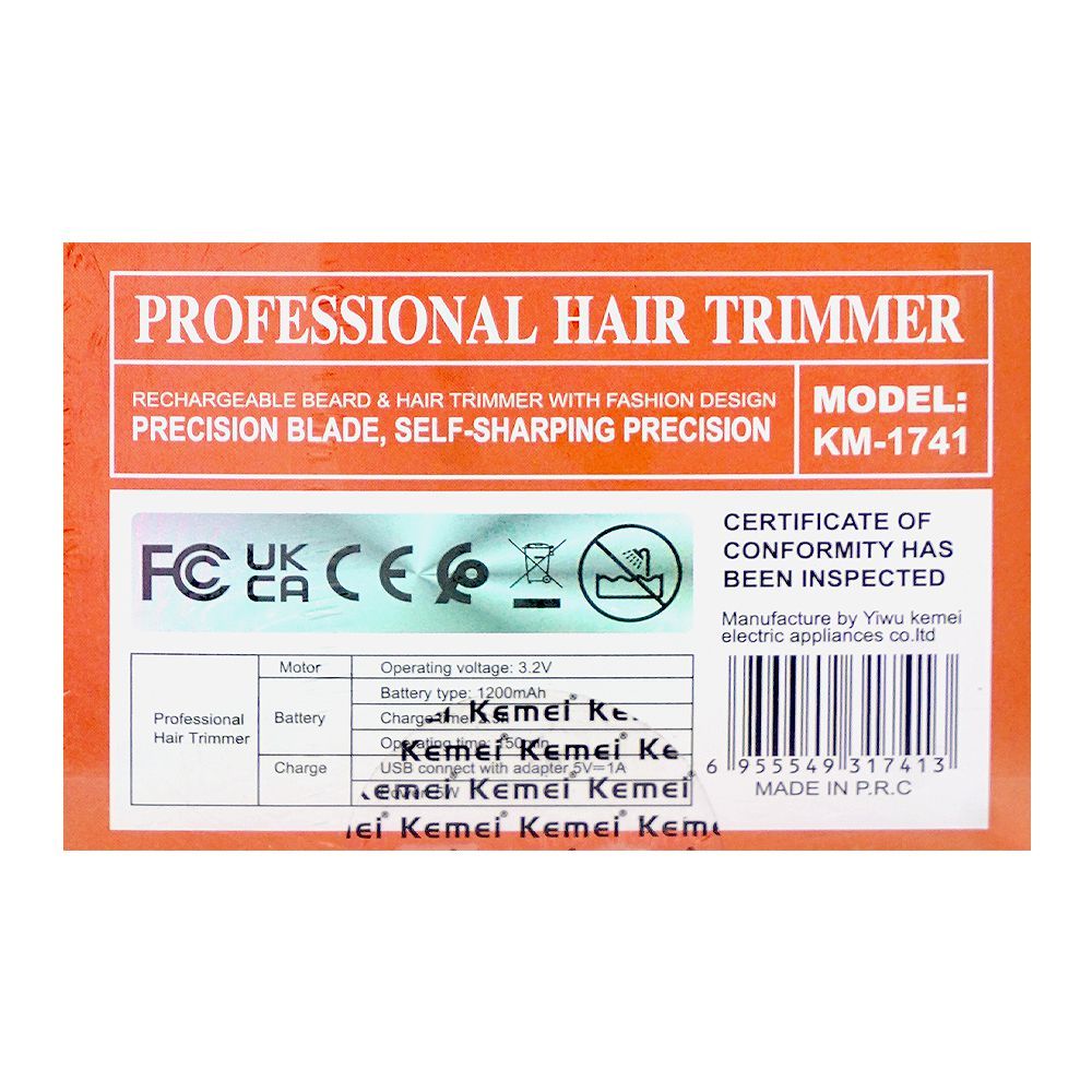 Kemei LCD Display Professional Hair Trimmer, 1200mAh Battery, 150 Minutes Runtime, KM-1741 - Image 6