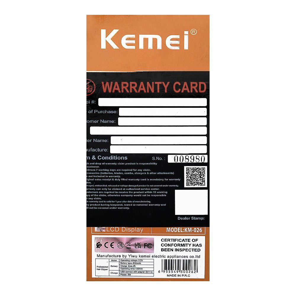 Kemei LCD Display Hair Trimmer, 600mAh Battery, 120 Minutes Runtime, KM-026 - Image 3