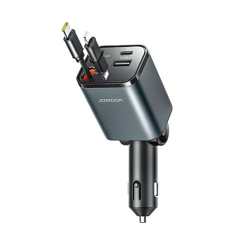 Joyroom 4-in-1 Retractable Car Charger Built-in-Type-C & Lightening Cable, 65W, Dark Grey, JR-CCL05 - Main Image