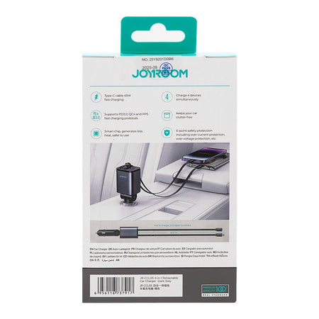 Joyroom 4-in-1 Retractable Car Charger Built-in-Type-C & Lightening Cable, 65W, Dark Grey, JR-CCL05 - Image 3